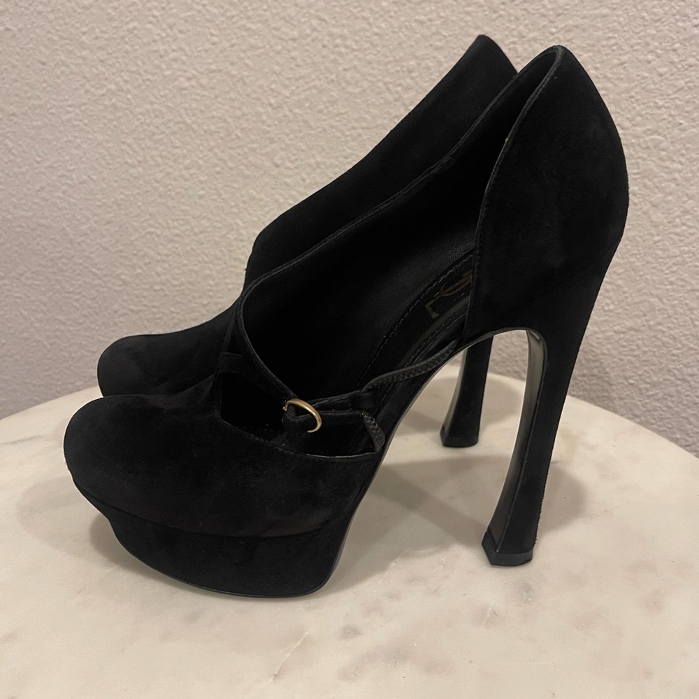 YSL Saint Laurent Black Suede Buckle Cut-Out Maryjane Platform Pumps - Picture 2 of 12